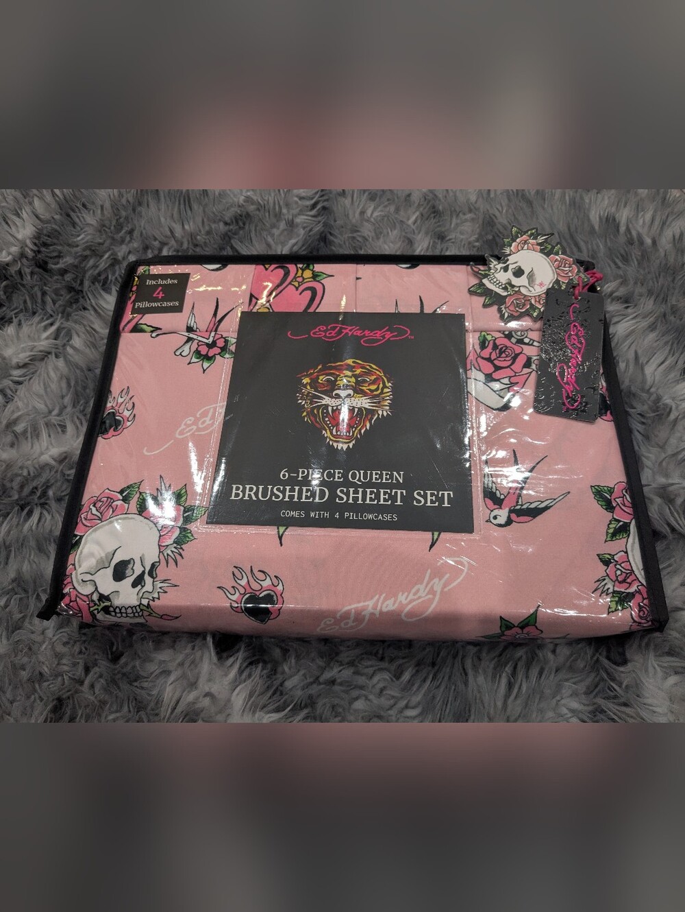 Ed Hardy Pink Skull & Rose Brushed Queen Sheet Set